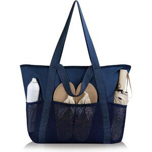 Women Navy Beach Bag Large Waterproof Sandproof Foldable Tote With Zipper Mesh